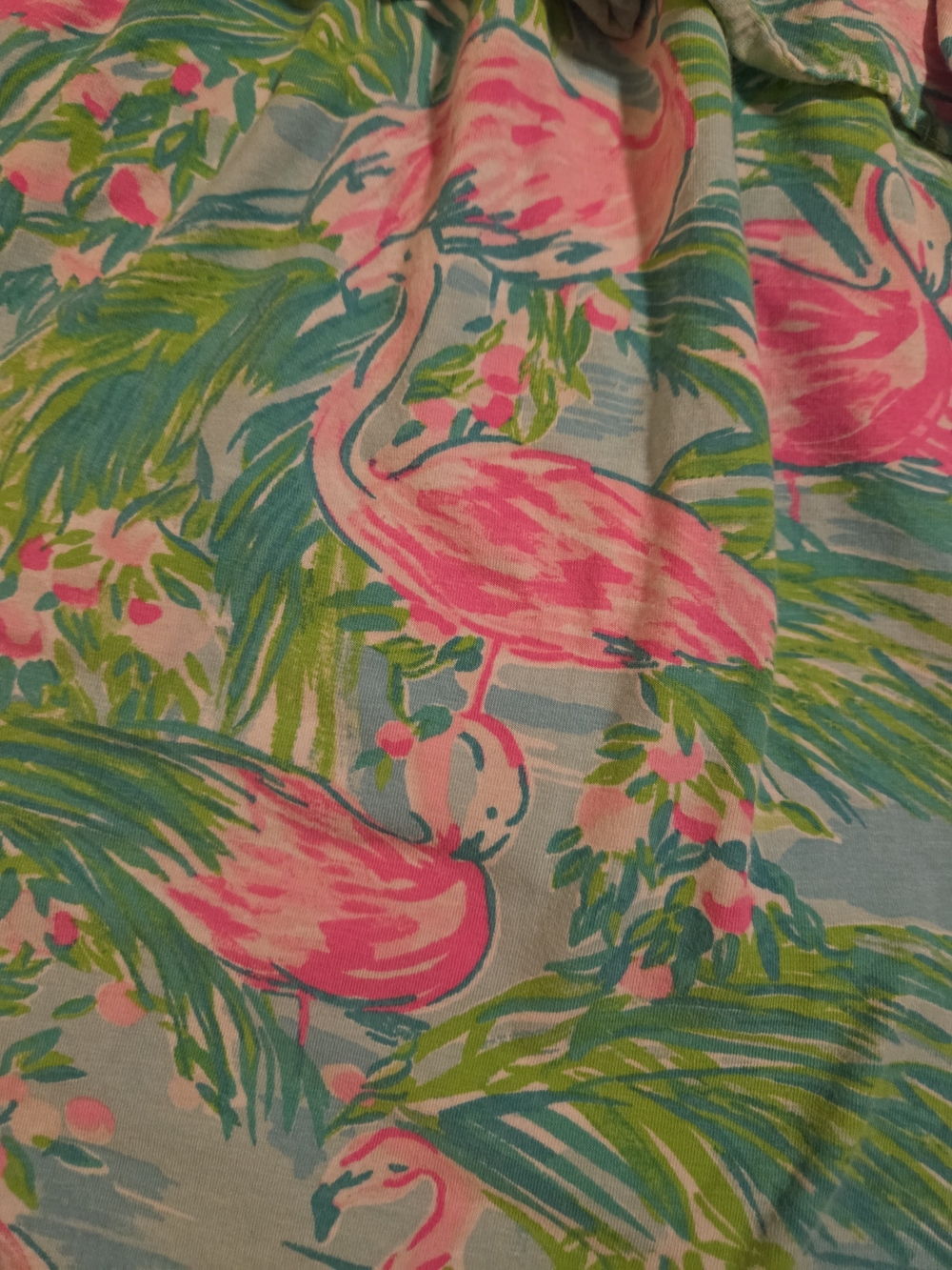 Lilly Pulitzer Pink Flamingo Off-Shoulder Ruffle Tank Top on Light Blue - Picture 2 of 2